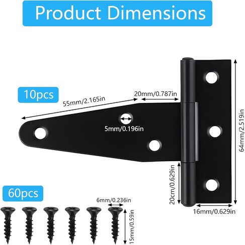 10 Pcs 3 Inch Strap Hinges, Shed Door Gate Hinges T Strap Fence Gate Hingess, Black Heavy Duty Barn Door Hinges for Gates, Barn Doors, Shed Doors, Outdoor, Wooden Fences Tee Hinge Hardware in Kuwait