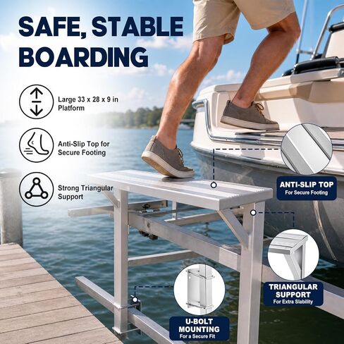 Wesiti Boat Lift Step-Over Platform, 28 x 9 Inch Heavy Duty Marine Boarding Step for Dock and Lift Frame, Adjustable Height Dock Steps Extension with U-Bolt Hardware, Slip-Resistant Surface, Silver in Kuwait