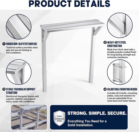 Wesiti Boat Lift Step-Over Platform, 28 x 9 Inch Heavy Duty Marine Boarding Step for Dock and Lift Frame, Adjustable Height Dock Steps Extension with U-Bolt Hardware, Slip-Resistant Surface, Silver in Kuwait