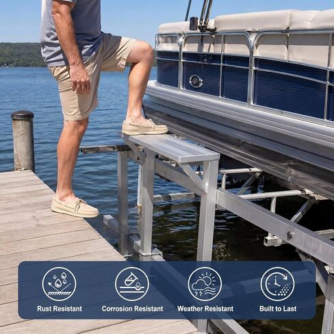 Wesiti Boat Lift Step-Over Platform, 28 x 9 Inch Heavy Duty Marine Boarding Step for Dock and Lift Frame, Adjustable Height Dock Steps Extension with U-Bolt Hardware, Slip-Resistant Surface, Silver in Kuwait