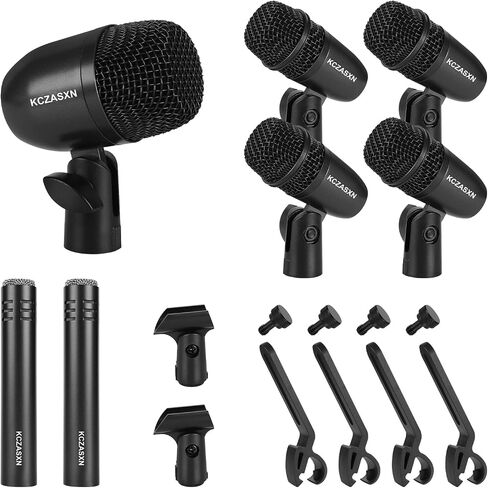 Drum Mic Set 7-Piece Wired Microphone Kit with Case for Recording | Includes Bass, Snare, Tom and Cymbal Mics, Thread Clips & Mic Holders for Studio, Live Performance, Music Production in Kuwait