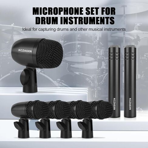 Drum Mic Set 7-Piece Wired Microphone Kit with Case for Recording | Includes Bass, Snare, Tom and Cymbal Mics, Thread Clips & Mic Holders for Studio, Live Performance, Music Production in Kuwait