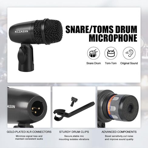 Drum Mic Set 7-Piece Wired Microphone Kit with Case for Recording | Includes Bass, Snare, Tom and Cymbal Mics, Thread Clips & Mic Holders for Studio, Live Performance, Music Production in Kuwait