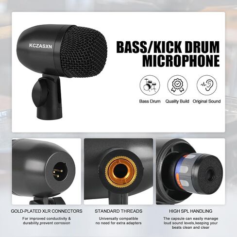 Drum Mic Set 7-Piece Wired Microphone Kit with Case for Recording | Includes Bass, Snare, Tom and Cymbal Mics, Thread Clips & Mic Holders for Studio, Live Performance, Music Production in Kuwait