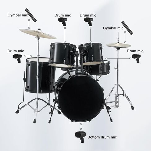 Drum Mic Set 7-Piece Wired Microphone Kit with Case for Recording | Includes Bass, Snare, Tom and Cymbal Mics, Thread Clips & Mic Holders for Studio, Live Performance, Music Production in Kuwait
