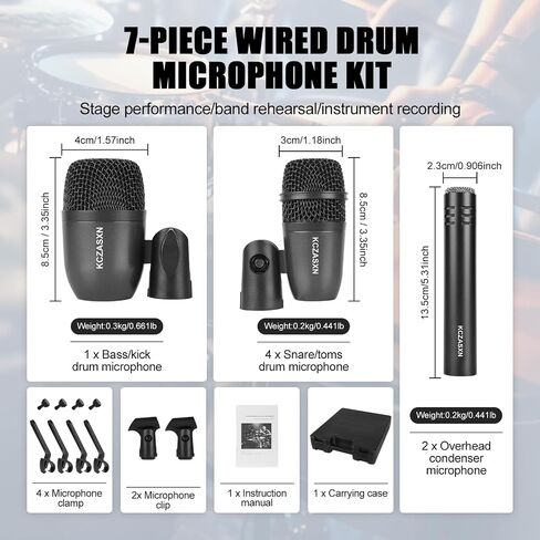 Drum Mic Set 7-Piece Wired Microphone Kit with Case for Recording | Includes Bass, Snare, Tom and Cymbal Mics, Thread Clips & Mic Holders for Studio, Live Performance, Music Production in Kuwait