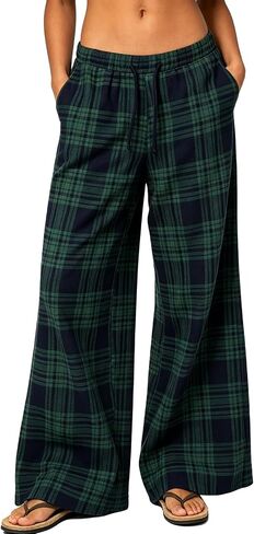 Women Plaid Comfy Pajamas Pants Elastic Waist Drawstring Loose Wide Leg Lounge Pants with Two Pocket in Saudi Arabia