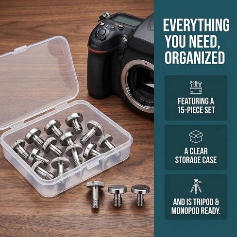 15 Pack 1/4"-20 Camera Screws Kit, 3 Sizes Stainless Steel Tripod Screw Set with Storage Case, for Quick Release Plate, Tripod, Monopod Camera Mount Screw Replacement in Kuwait