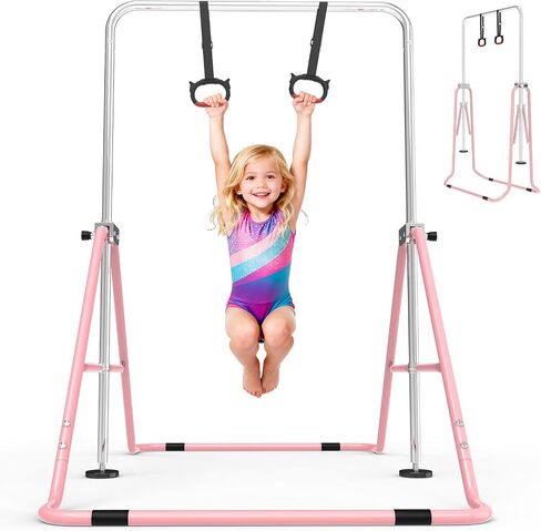 FINCOME Gymnastics Bar for Kids with Gymnastics Rings, Height Adjustable Gymnastics Horizontal Bar, Foldable Bar Gymnastics Equipment for Home Room Indoor Outdoor Training, Gymnastic Bar in Kuwait