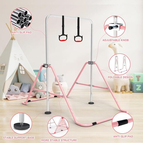 FINCOME Gymnastics Bar for Kids with Gymnastics Rings, Height Adjustable Gymnastics Horizontal Bar, Foldable Bar Gymnastics Equipment for Home Room Indoor Outdoor Training, Gymnastic Bar in Kuwait