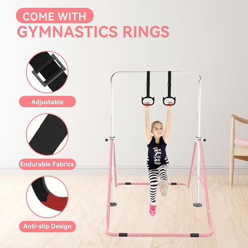 FINCOME Gymnastics Bar for Kids with Gymnastics Rings, Height Adjustable Gymnastics Horizontal Bar, Foldable Bar Gymnastics Equipment for Home Room Indoor Outdoor Training, Gymnastic Bar in Kuwait
