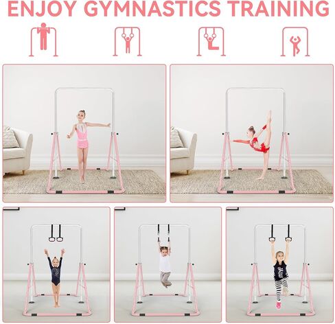 FINCOME Gymnastics Bar for Kids with Gymnastics Rings, Height Adjustable Gymnastics Horizontal Bar, Foldable Bar Gymnastics Equipment for Home Room Indoor Outdoor Training, Gymnastic Bar in Kuwait