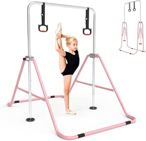FINCOME Gymnastics Bar for Kids with Gymnastics Rings, Height Adjustable Gymnastics Horizontal Bar, Foldable Bar Gymnastics Equipment for Home Room Indoor Outdoor Training, Gymnastic Bar in Kuwait