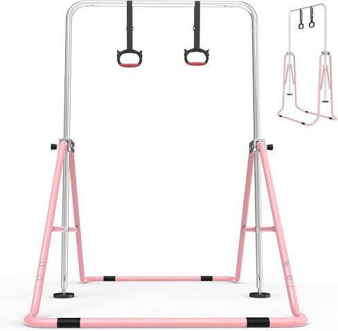 FINCOME Gymnastics Bar for Kids with Gymnastics Rings, Height Adjustable Gymnastics Horizontal Bar, Foldable Bar Gymnastics Equipment for Home Room Indoor Outdoor Training, Gymnastic Bar in Kuwait