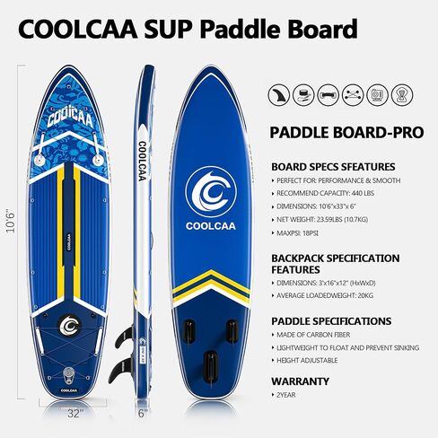 COOLCAA Inflatable Paddle Board, 440lb Max Capacity, Stand Up Board with Premium SUP Accessories, Stable Design, Non-Slip Comfort Deck, Boards for Adults & Youth, 10'6 x 33'' x 6'' Blue in Kuwait