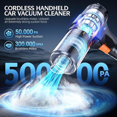 Handheld Cordless Vacuum Cleaner - 50000Pa High-Power Brushless Motor, Rechargeable Car Vacuum with 2 Batteries & Charger, 6-in-1 Portable Vacuum Cleaners for Home, Pet Hair, Keyboard, Black in Kuwait