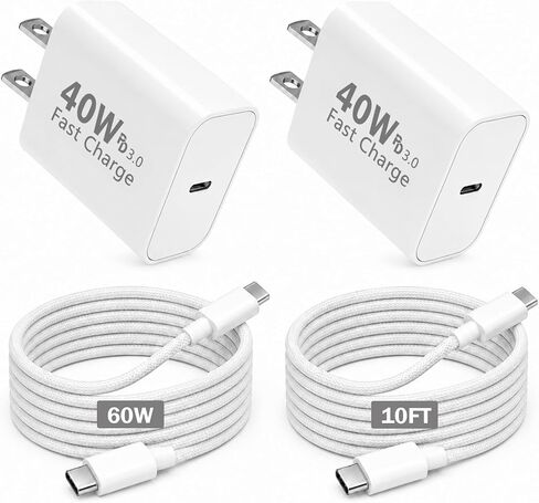 شاحن iPhone 17 16 15 شحن سريع، 2 حزمة شواحن GaN III USB C بقدرة 40 وات مع كابلات 10 أقدام من النوع C معتمدة من MFi، كتلة شاحن PD3.0 PPS USB C لأجهزة iPhone 17/16/15 Pro Max وSamsung S25 وiPad وMacBook in Kuwait