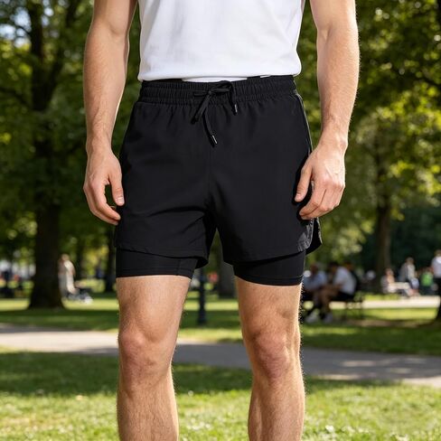 Men's Black 2-in-1 Running Shorts, Quick Dry Athletic Workout Shorts with Liner in Kuwait