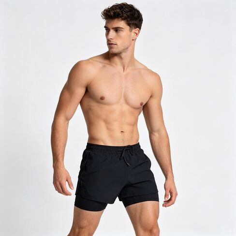 Men's Black 2-in-1 Running Shorts, Quick Dry Athletic Workout Shorts with Liner in Kuwait