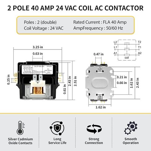 2 P 40A 24V AC Contactor with Silver Contacts for HVAC/Compressors | 2 Pole 40 Amp 24 VAC;Universal Fit；Silver Cadmium Oxide Contacts in Kuwait