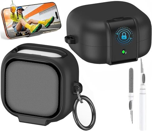 حافظة قفل متوافقة مع حافظات Samsung Galaxy Buds 4/4 Pro مع حامل للهاتف، وحافظات واقية مضادة للصدمات لكامل الجسم للرجال والنساء مع مجموعة منظف وسلسلة مفاتيح لهاتف Galaxy Buds 4 Pro 2026 باللون الأسود in Kuwait
