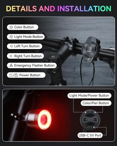 ONVIAN Colorful Bike Tail Light with Turn Signals, USB Rechargeable Bike Brake Light with Wireless Remote, 15 Light Modes 7 Colors Waterproof Cycling Safety Light for Adults Kids Road Mountain in Kuwait