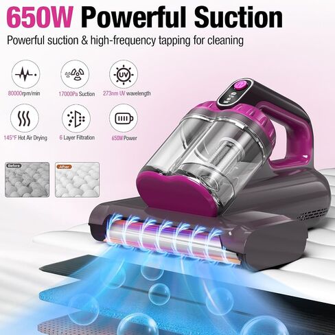 BYHUME Mattress Vacuum Cleaner, 17Kpa 650W Bed Vacuum Cleaner, 273nm UV-C Light & Ultrasonic 145°F Heating, 80000 RPM/Min Brushroll Rotation, Wide Suction Port for Pillows Cribs Sofa, Black Corded in Kuwait