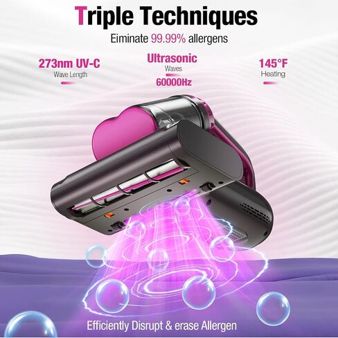 BYHUME Mattress Vacuum Cleaner, 17Kpa 650W Bed Vacuum Cleaner, 273nm UV-C Light & Ultrasonic 145°F Heating, 80000 RPM/Min Brushroll Rotation, Wide Suction Port for Pillows Cribs Sofa, Black Corded in Kuwait