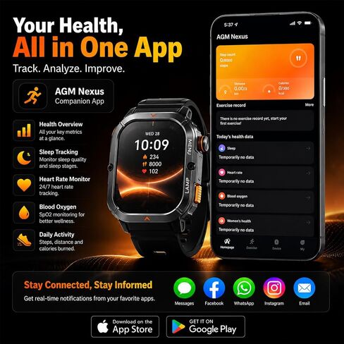ساعة AGM Legion 3 الذكية فائقة الصلابة، شاشة AMOLED ملونة مقاس 1.95 بوصة، اتصال/رسالة BT، SPO₂/معدل ضربات القلب/تتبع النوم، أكثر من 100 وضع رياضي، مقاومة للماء 5ATM، تذكير/الطقس/العثور على الهاتف/مصباح يدوي in Kuwait