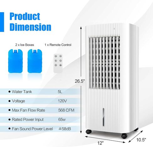 DORTALA Evaporative Air Cooler, 3-in-1 Cooling Fan with Remote, 2 Ice Packs, Timer, 1.3 Gal Water Tank, 3 Speeds, Personal Swamp Cooler for Bedroom Home Office Dorm in Kuwait