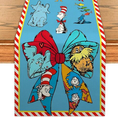 Red and Blue Stripes Table Runner Cartoon Cat Kitchen Dining Table Centerpiece Blue Hat Decorations for Home Party-72 Inches Long in Kuwait