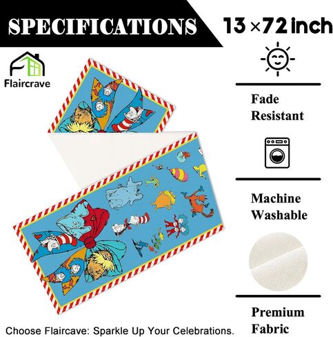 Red and Blue Stripes Table Runner Cartoon Cat Kitchen Dining Table Centerpiece Blue Hat Decorations for Home Party-72 Inches Long in Kuwait