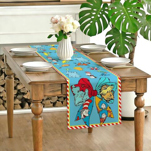 Red and Blue Stripes Table Runner Cartoon Cat Kitchen Dining Table Centerpiece Blue Hat Decorations for Home Party-72 Inches Long in Kuwait