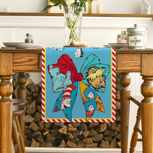 Red and Blue Stripes Table Runner Cartoon Cat Kitchen Dining Table Centerpiece Blue Hat Decorations for Home Party-72 Inches Long in Kuwait