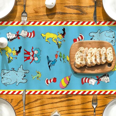 Red and Blue Stripes Table Runner Cartoon Cat Kitchen Dining Table Centerpiece Blue Hat Decorations for Home Party-72 Inches Long in Kuwait