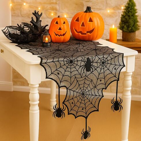 18 x 96 Inch Summer Halloween Mantel Decor Black Lace Spider Web Fireplace Mantel Scarf Cover with Crawling Spider Gothic Halloween Decorations for Indoor Party Dinner Decor in Kuwait