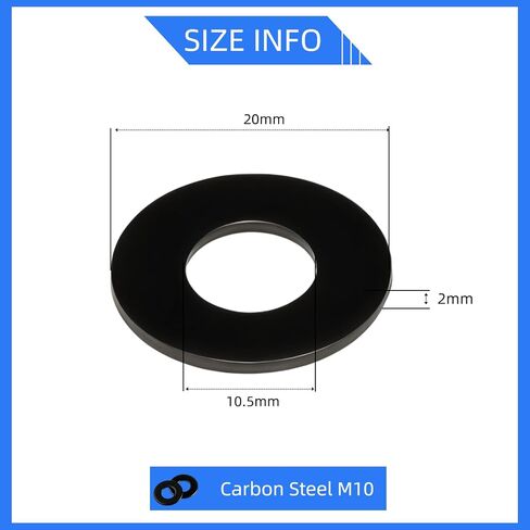Carbon Steel Flat Washer Fits M10 Bolts, M10 x 20 x 2mm Black Oxidized Grade 8.8 Alloy Steel Fasteners for Mechanical Industry, 25 Pcs in Kuwait