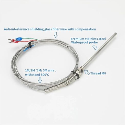1pc 1M 2M Temperature Sensor K Type Stainless Steel Thermocouple 0-800℃ Diameter 5mm Thread M8 50mm/100mm/150mm/200mm in Saudi Arabia