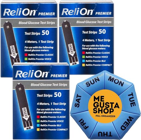 ReliOn Premier Blood Glucose Test Strips, 50 Count Pack of 3 Total 150 Includes Pill Organizer in Kuwait