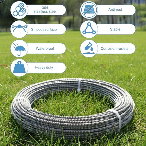 3/32 in Stainless Steel Cable Wire Rope 100ft, 7x7 Strands Flexible Aircraft Cable for Deck Railing, String Light Hanging, Marine Rigging, Garden Wire with 30 M2.5 Crimping Loops in Kuwait