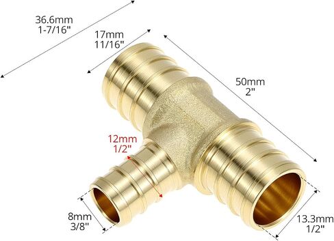 QWORK 12-Pack 3/4" x 3/4" x 1/2" PEX Reducing Tee Brass Crimp Fittings for PEX B Plumbing Systems in Kuwait
