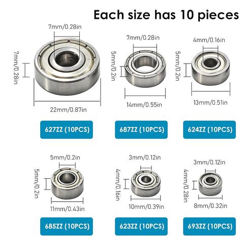 60Pcs Carbon Steel Ball Bearings Assortment Kit, Deep Groove Bearings 693ZZ, 623ZZ, 624ZZ, 685ZZ, 687ZZ, 627ZZ, Suitable for Small Machinery Applications in Kuwait