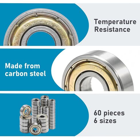 60Pcs Carbon Steel Ball Bearings Assortment Kit, Deep Groove Bearings 693ZZ, 623ZZ, 624ZZ, 685ZZ, 687ZZ, 627ZZ, Suitable for Small Machinery Applications in Kuwait