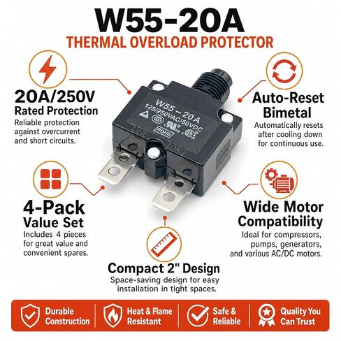 4 Pack W55 Series 20A Thermal Overload Protector Switch - Auto Reset Bimetal Cutout Breaker for Motor Compressor Power Tools, 250V Overtemperature Protection Replacement Parts in Kuwait