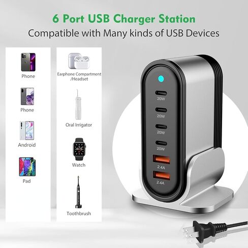 اكتب شاحنًا سريعًا لشاحن USB ومحطة شحن لأجهزة متعددة qc3.0 محطة شحن للهاتف iPhone 14/13/12/11 Pro Max وXR وXS وAir وMini وGalaxy LG والمزيد (فضي) in Kuwait
