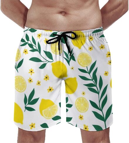 Men Printed Summer Short Soft Drawstring Design Running Shorts Lemon with Green Leaves Branches Citrus Print Shorts in Kuwait