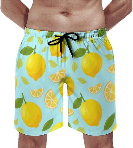 Men Printed Summer Short Soft Drawstring Design Running Shorts Lemon with Green Leaves Branches Citrus Print Shorts in Kuwait