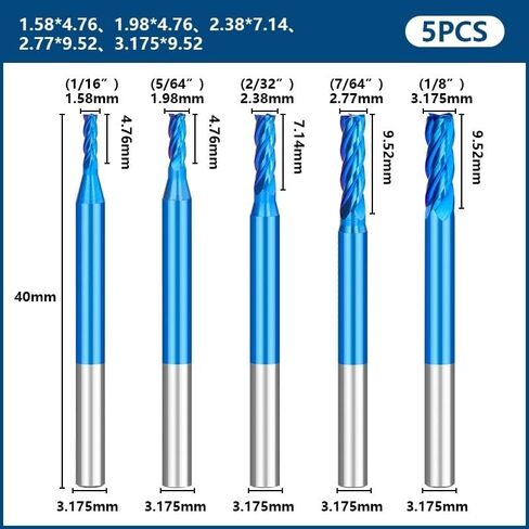 5pcs Tungsten Carbide End Mill 4 Flute CNC Milling Cutters 3.175mm Shank Nano Blue Coated Bit for Wood Metal Machine in Kuwait