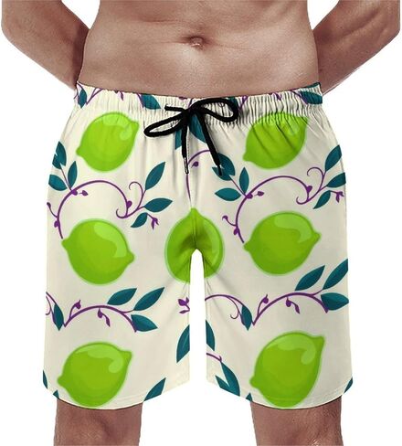 Men Printed Summer Short Soft Drawstring Design Running Shorts Lemon with Green Leaves Branches Citrus Print Shorts in Kuwait