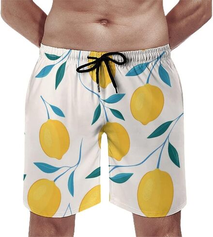 Men Printed Summer Short Soft Drawstring Design Running Shorts Lemon with Green Leaves Branches Citrus Print Shorts in Kuwait